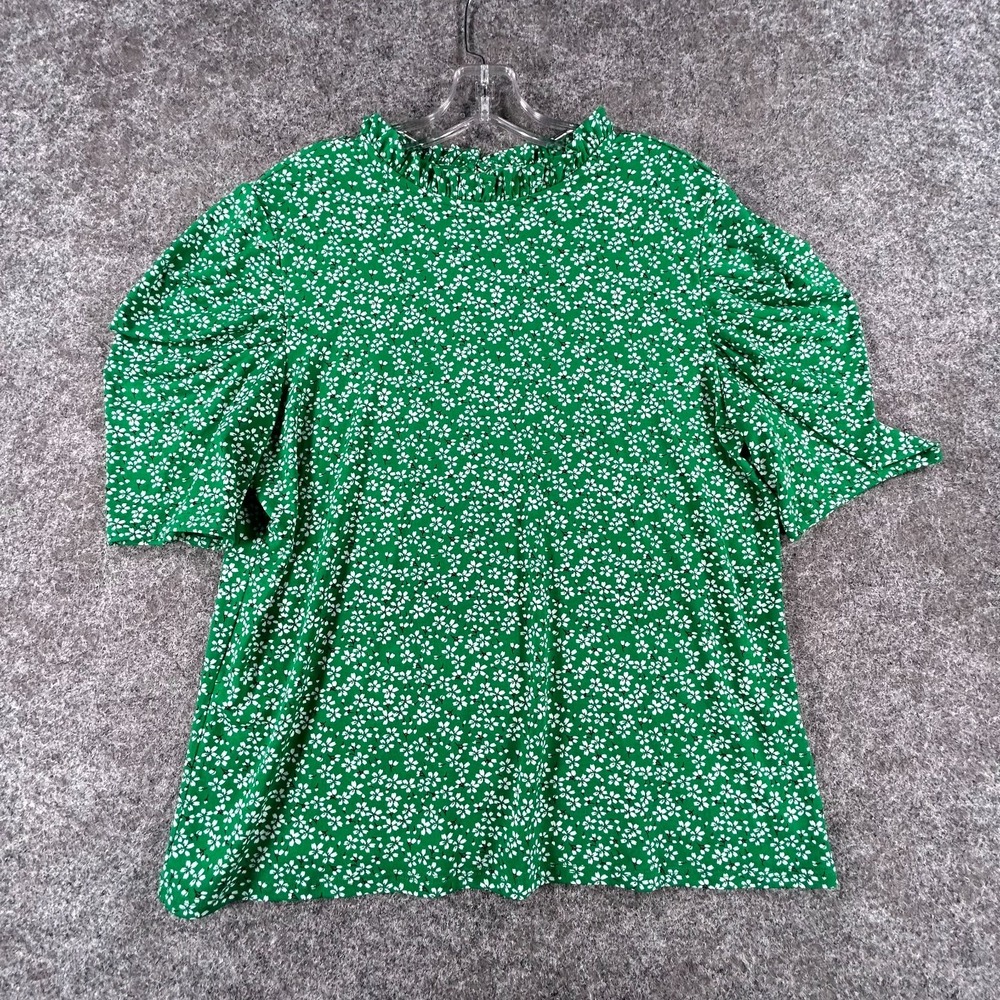 Cece Blouse Top Womens L Green Floral Ruffled Neck Short Puff Sleeve Boho Chick